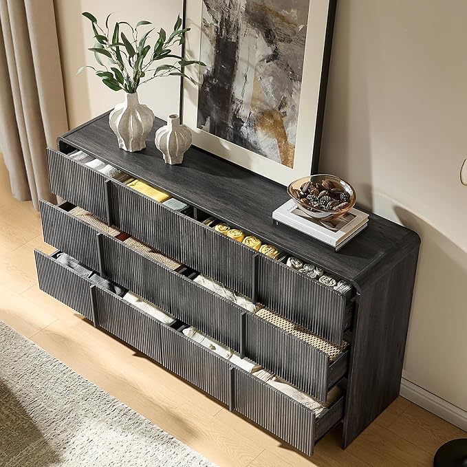 AMERLIFE 63" Fluted 6 Drawer Dresser, Long Modern Chest of Storage Drawers with Pine Handles, Rounded Corners & Anti-Tip Design, Wood Closet Organizer for Bedroom, Living Room, Nursery, Black