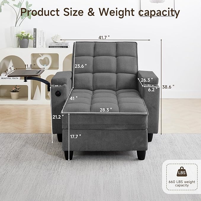41.7" Chaise Lounge Chair Indoor, Oversized Boucle Upholstered Sofa Bed, Adjustable Backrest Deep Seat Reading Chair, Sofas Couches for Living Room with Storage, Cup Holders & 360° Swivel Side Table