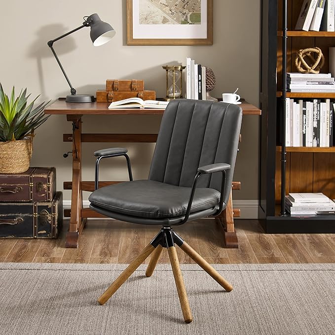 Art Leon Mid Century Modern Chair, Oak Legs Swivel Accent Chair No Wheels, Faux Leather Armchair for Small Spaces Home Office Living Room Bedroom, Gray