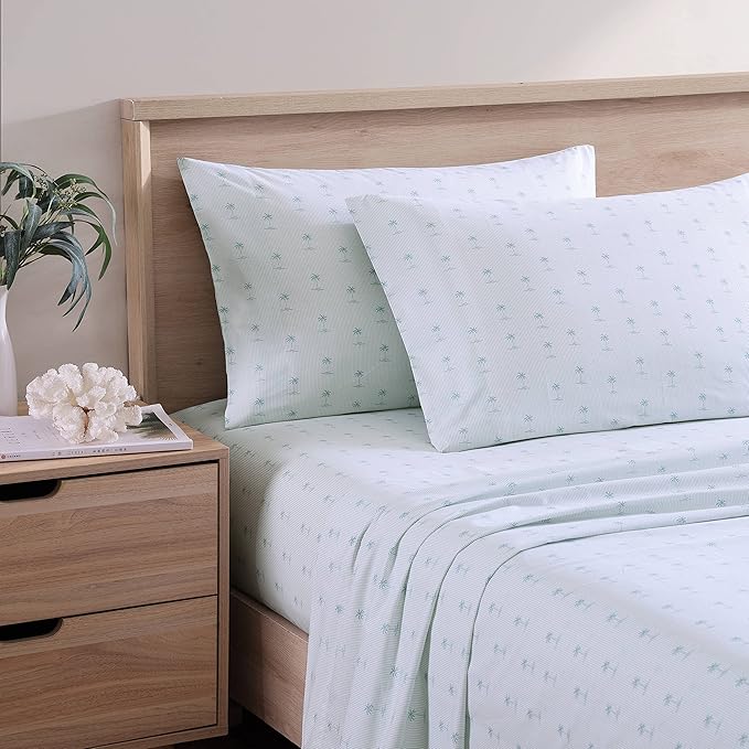 Tommy Bahama - Queen Sheets, Cotton Percale Bedding Set, Crisp & Cool, Stylish Bedding Set (Kaw Palms Blue, Queen)
