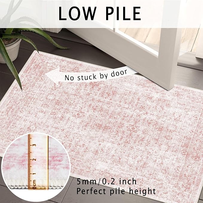 vivorug 5x7 Area Rugs - Ultra-Thin Washable Rug with Non-Slip Backing, Ideal for Living Room, Bedroom, Dining Room Indoor - Vintage, Easy Clean, Durable, Low Pile Rug Pink