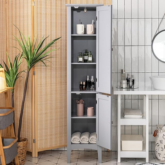 Tangkula Tall Bathroom Storage Cabinet, 5-Tier Wooden Freestanding Tower Cabinet Floor Organizer, Narrow Storage Floor Cabinet w/2 Doors & Shelves for Bathroom Living Room Kitchen (Grey)