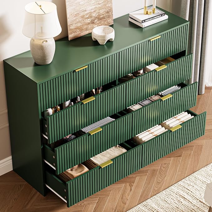 Green Dresser for Bedroom, 8 Drawer Double Dresser, Modern Chest of Drawers for Bedroom, Living Room, Entryway and Closet, 55" L x 15.7" D x 37.4" H