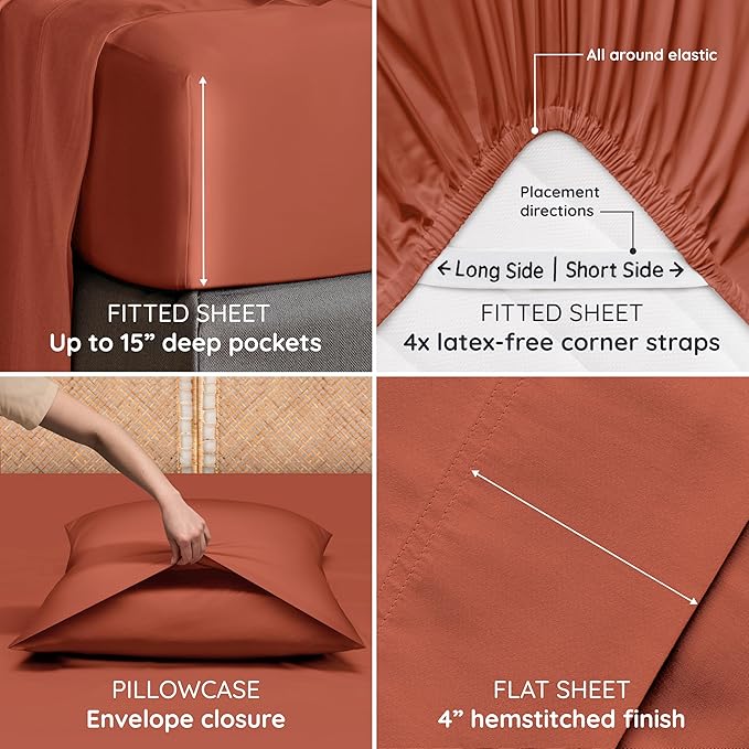Bambaw 100% Viscose Derived from Bamboo Sheets Full Size Set – 4pcs Set of Full Size Bed Sheets Cooling and Soft, with Elastic Corner Straps, Bedding for Night Sweats (Terracotta)