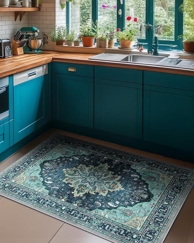 Area Rugs 3'x4' Washable Non-Slip, Floral Vintage Distress Print Pattern Medallion Carpet for Living Room Bedroom Dining Room, Teal Green Lake Blue Turquoise