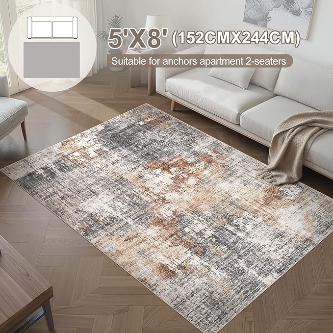 Area Rug Living Room Rugs - 5x8 Washable Large Soft Indoor Neutral Modern Abstract Low Pile Rug Carpet for Bedroom Dining Room Farmhouse Home Office - Grey Brown