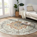 Area Rugs 7ft Washable Non-Slip, Floral Vintage Distress Print Pattern Medallion Carpet for Living Room Bedroom Dining Room, Light Yellow Carbon Grey Orange