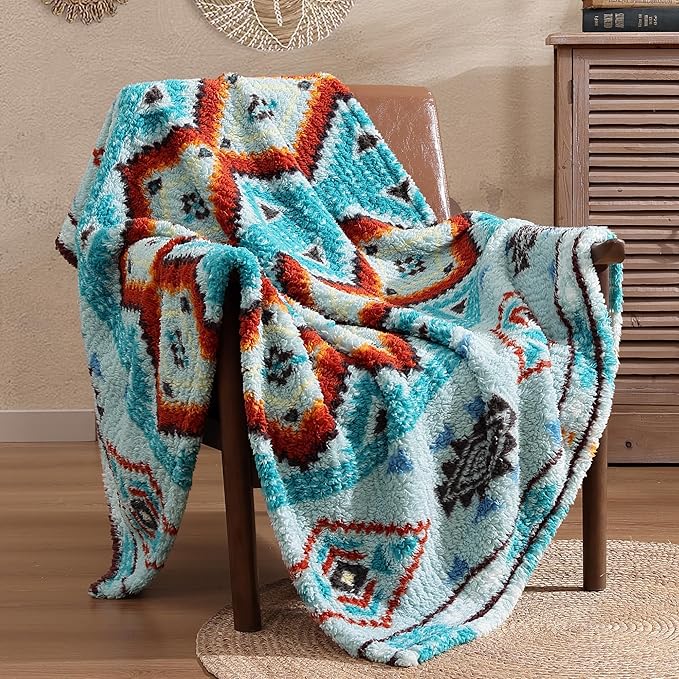 CASAAGUSTO Boho Sherpa Throw Blanket, Aztec Throw, Ultra Soft, Warm, Cozy, Plush, Thick Fleece Bohemian Throw Blanket for Couch, Bed, Sofa (Aqua 50 * 60 Inch)