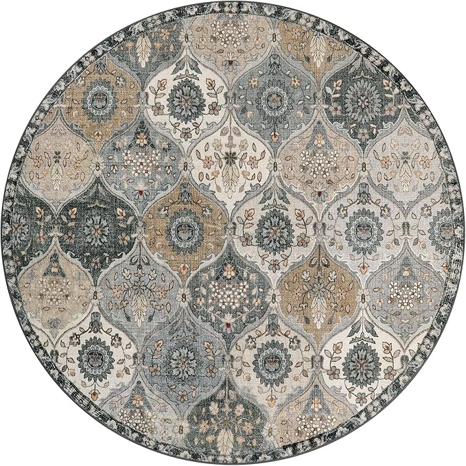 Lahome Moroccan Trellis Washable Round Area Rug, Soft Round Rugs 6ft Ultra-Thin Non-Slip, Vintage Large Circle Carpet for Bedroom Living Room Kitchen Nursery, Grey