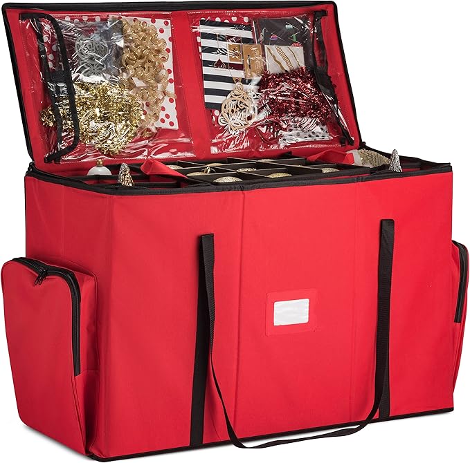 ZOBER All in One Christmas Ornament Storage Box & Decoration Container - Easy Access Removable Trays, Keeps 73 Ornaments - Adjustable Extent Area for Figurines and Pockets for Decoration - Red