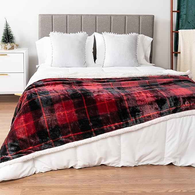 PAVILIA Red Plaid Sherpa Throw Blanket for Couch, Plush Flannel Fleece, Soft Fuzzy Cabin for Sofa Bed, Warm Cozy Winter Gift, 50x60