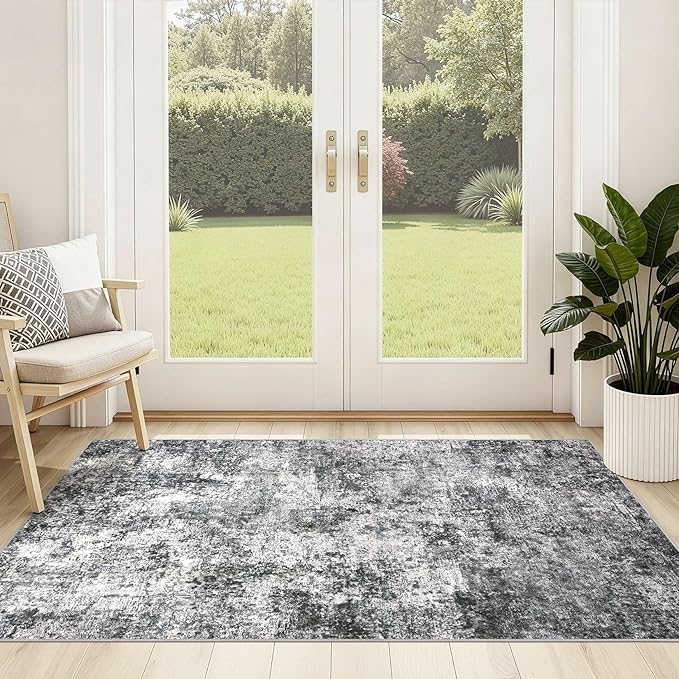 Area Rug Living Room Rugs - 3x5 Large Soft Indoor Neutral Modern Abstract Low Pile Washable Rug Carpet for Bedroom Dining Room Farmhouse Home Office - Grey