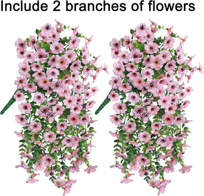 Artificial Faux Outdoor Outside Flowers Plants, 2 PCS Fake Silk UV Resistant Look Real Pink Daisy Trailing Vines for Front Door Porch Planter Urn Patio Balcony Decoration