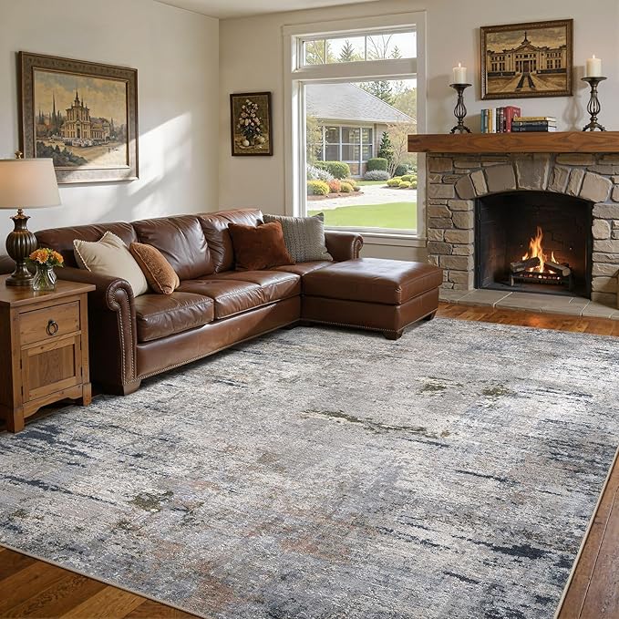 Area Rug Living Room Rugs - 9x12 Washable Large Soft Indoor Neutral Modern Abstract Low Pile Rug Carpet for Bedroom Dining Room Farmhouse Home Office - Blue/Grey/Brown