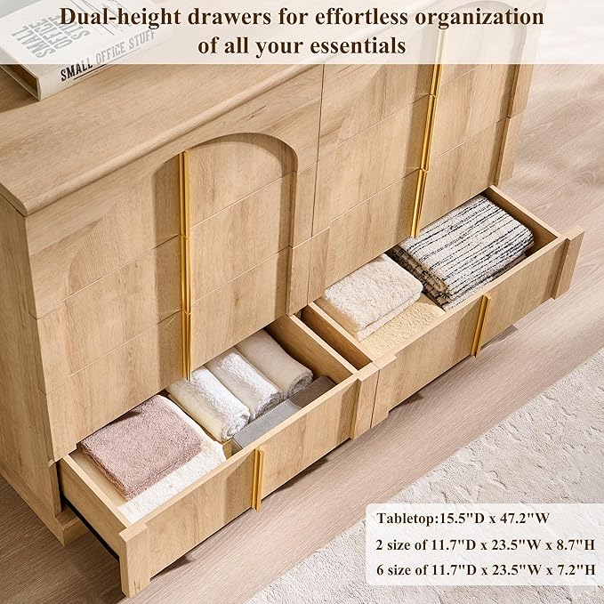 ACCOHOHO Large Dresser for Bedroom with 8 Drawers with Arched Panel,Modern Minimalist Chest of Drawers with Gold Handles,Wood Storage Closet Dressers Tv Stand for Living Room, Hallway,Natural Oak