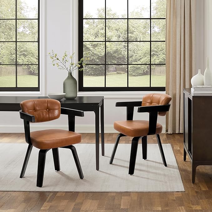 Art Leon Modern Dining Chairs - Set of 2 Mid Century Dining Chairs Faux Leather Upholstered Swivel Dining Chair, Comfy Desk Chair No Wheels Accent Arm Chairs for Kitchen Living Room Study, Brown