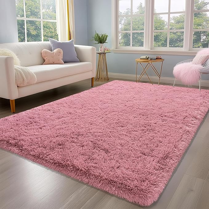 Fluffy Rug for Bedroom, 4x6 Blush Pink Shag Area Rug for Living Room, Soft Modern Indoor Fuzzy Plush Rug, Non-Slip Shaggy Carpet for Girls Kids Room Nursery Dorm Home Decor