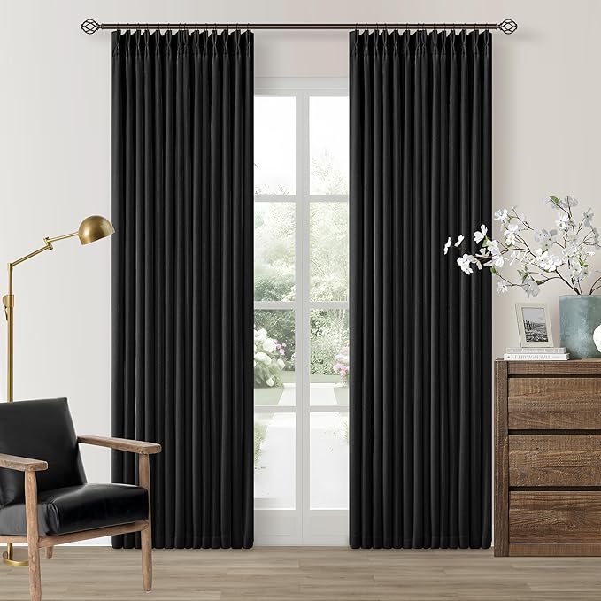 Black Pinch Pleated Blackout Linen Curtains 86 Inches Long for Bedroom Pleated 100% Black Out Drape with Liner Modern Farmhouse Midnight Extra Long 86 Inch Window Curtain Panel for Living Dining Room