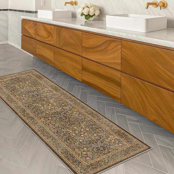 Non Slip 2x8 Gold Brown Long Hallway Runner Rug - Washable Entryway Rug, Stain Resistant Kitchen Floor Mat - Vintage Floral Indoor Décor, Low Pile & Soft Carpet