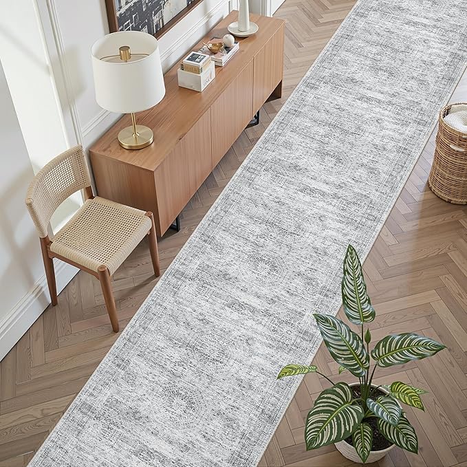 Runner Rug 2'6" x 12' Washable Non-Slip Runner Rugs for Kitchen Bathroom Laundry Room Vintage Ultra Thin Runners for Hallway Entryway Grey