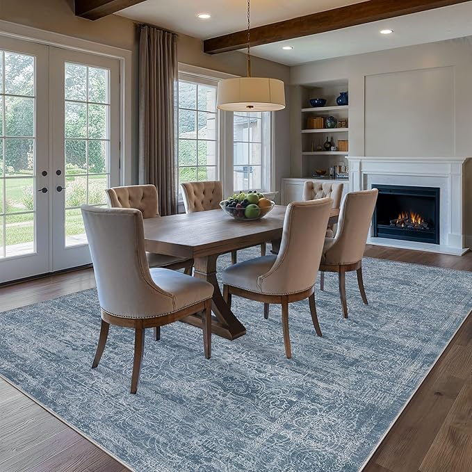 Area Rug Living Room Rugs - 5x7 Large Soft Indoor Neutral Modern Abstract Low Pile Washable Rug Carpet for Bedroom Dining Room Farmhouse Home Office - Dark Blue