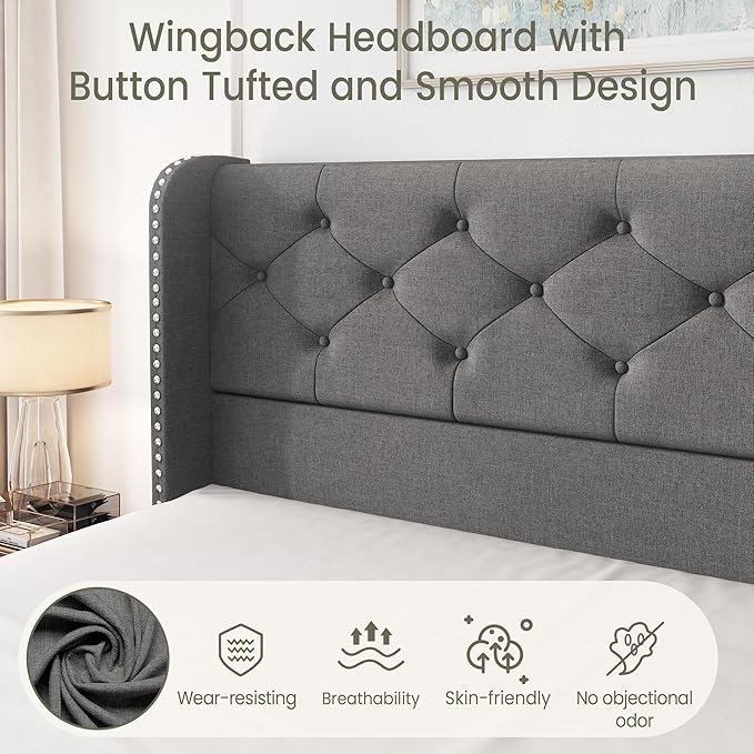 LARMACE Full Size Bed Frame with 4 Storage Drawers and Wingback Headboard Linen Upholstered Platform Bed Frame Tufted Beds with Wooden Slats Support, Easy Assembly, Light Grey