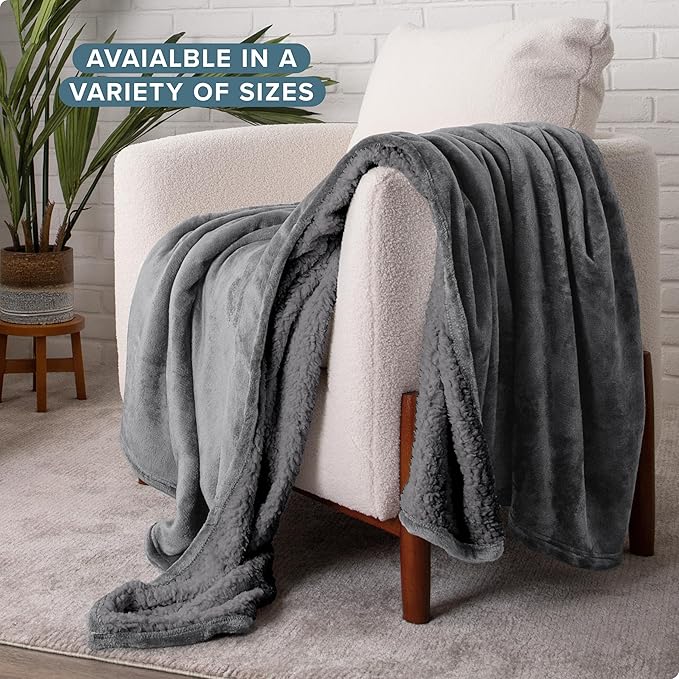 Bare Home Sherpa Fleece Blanket - Full/Queen Size - Blanket for Bed, Sofa, and Couch - Warm & Lightweight - Fluffy & Soft - Reversible (Full/Queen, Grey with Grey Sherpa)
