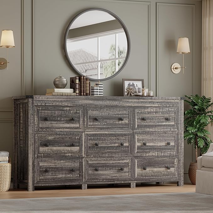 9-Drawer Dresser, Modern Wooden Storage Chest of Drawers, Dresser TV Stand, Wood Drawer Organizer with Metal Handles for Bedroom, Living Room, Hallway