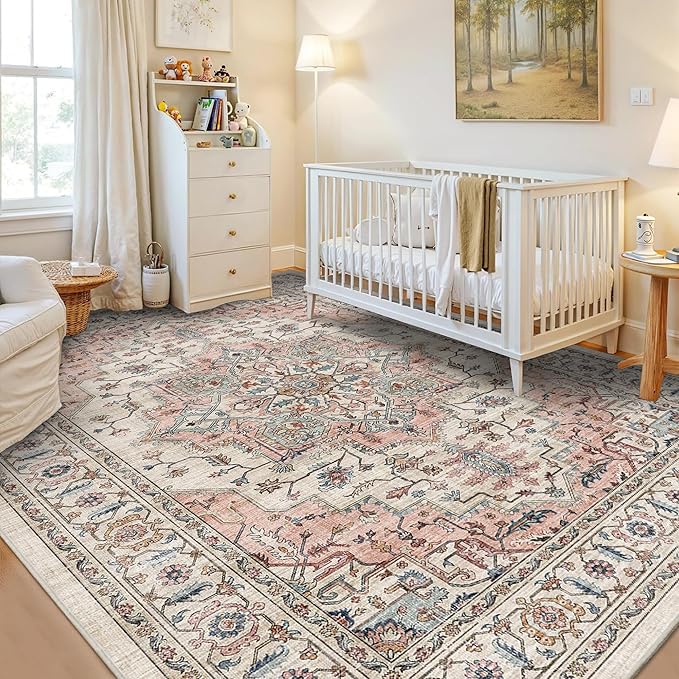 6x9 Area Rugs for Living Room Ultra-Soft Washable Rug Vintage Distressed Boho Area Rug, Non-Slip Retro Print Low Pile Stain Resistant Carpet for Bedroom Dining Room Kitchen Office