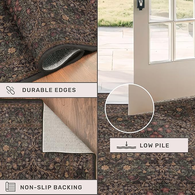 Boho Brown Washable 2x3 Entryway Rug - Front Door Mat Rugs Indoor Entrance, Non-Slip Vintage Floral Small Throw Rug for Kitchen, Bathroom, Dark Modern Western Unique Entry Décor