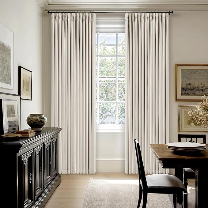100 Inch Blackout Linen Curtains Pinch Pleated Back Tab Dual Layer Thermal Inslulated Room Darkening 100% Black Out Curtains 2 Panels for Sliding Glass Door Bedroom Living Cream Ivory Window Drapes