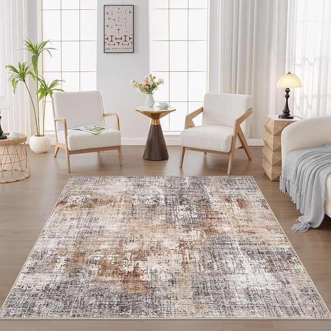 Square Area Rug Living Room Rugs - 6x6 Washable Large Soft Indoor Neutral Modern Abstract Low Pile Rug Carpet for Bedroom Dining Room Farmhouse Home Office - Grey Brown