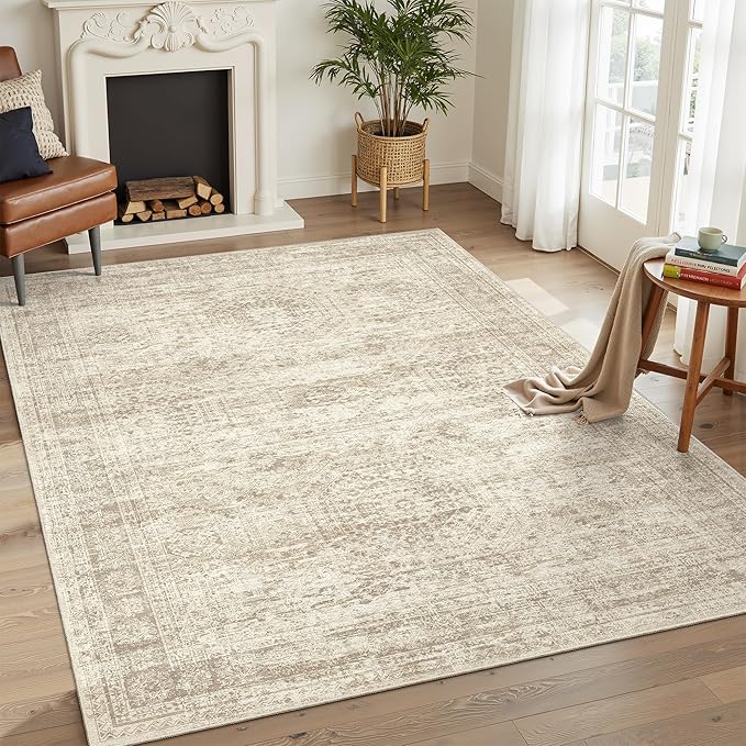 5x7 Area Rugs Beige Low Pile Indoor Washable Trendy Faded Style Rugs for Bedroom Living Room Dining Room Foldable Non-Slip Thin Print Home Office Mat