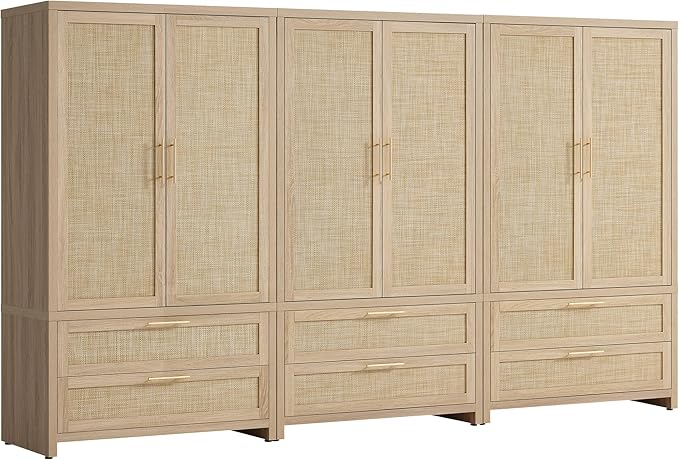 SICOTAS Armoire Wardrobe Closet, Larger Rattan Armoires Wardrobe Cabinet with 2 Large Drawers & Hanging Rod, Tall Closet Storage Cabinet for Cloak Room, Bedroom, Light Oak (3 PCS)