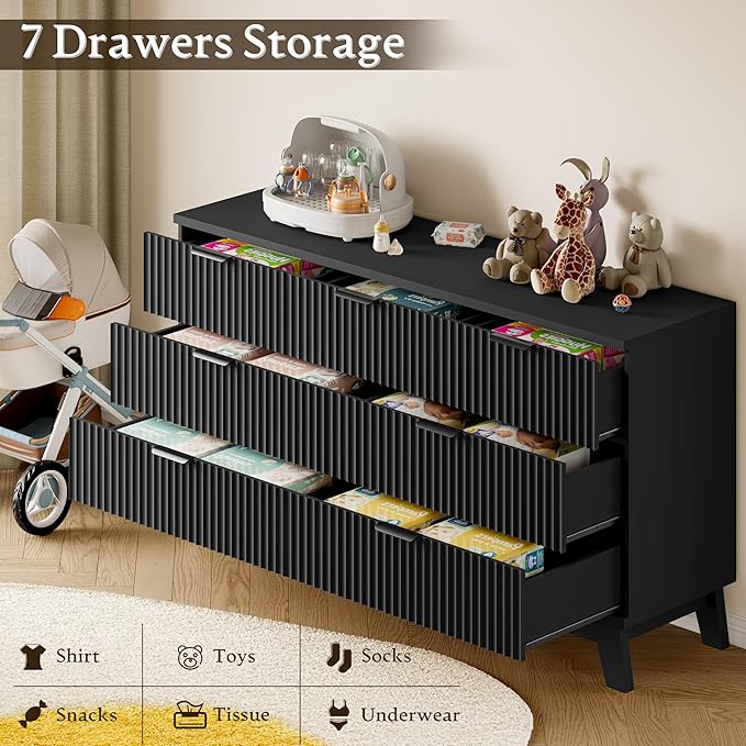 57" Long Dresser for Bedroom, 7-Drawer Fluted Chest, Wide Wood Storage Dresser with Metal Slides and Handles, Stable Base, Modern Clothes Organizer for Primary Suite, Guest Room, Nursery