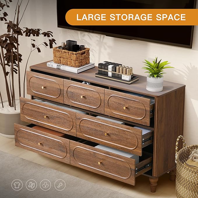 ORRD Fluted 7 Drawer Dresser for Bedroom, Modern Mid Century Chest of Drawers, Wood Storage Large Dresser Organizer for Bedroom Living Room Closet Hallway, Walnut