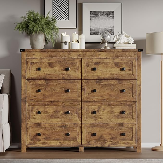 Tall 8-Drawer Dresser, Modern Wooden Storage Chest of Drawers, Dresser TV Stand, Wood Drawer Organizer with Metal Handles for Bedroom, Living Room, Hallway