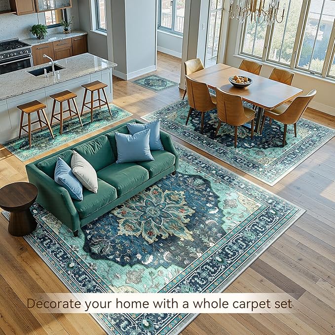 Area Rugs 8'x10' Washable Non-Slip, Floral Vintage Distress Print Pattern Medallion Carpet for Living Room Bedroom Dining Room, Teal Green Lake Blue Turquoise