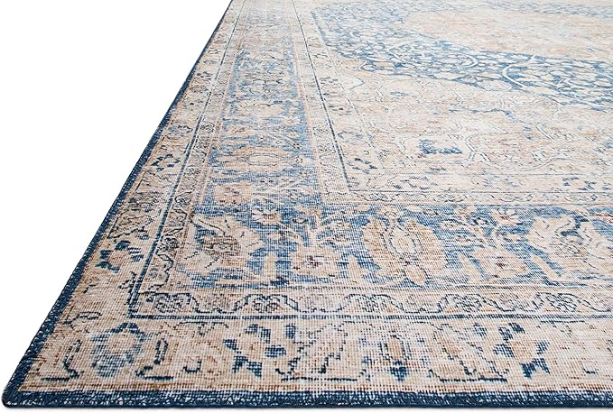Loloi Layla Collection LAY-07 Blue/Tangerine 3'-6" x 5'-6" .13" Thick Accent Rug, Soft, Durable, Vintage Inspired, Distressed, Low Pile, Non-Shedding, Easy Clean, Printed, Living Room Rug