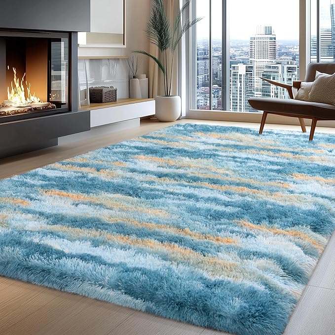 Fluffy Rugs for Living Room, 6x9 Feet Abstract Blue Large Shag Area Rugs for Bedroom, Non-Slip Indoor Modern Fuzzy Plush Floor Carpet for Dorm Nursery Kids Room Decor, Soft Shaggy Throw Rug