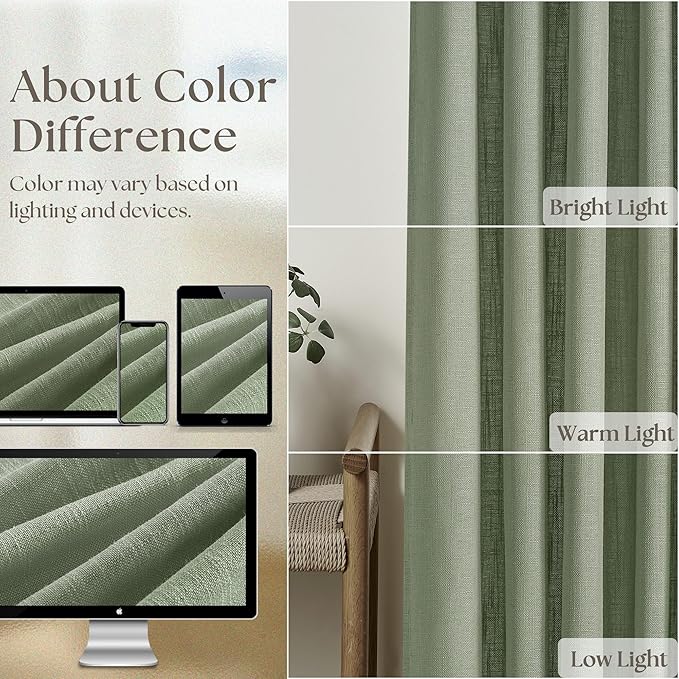 Pinch Pleated Green Linen Curtains 96 Inches Long for Living Room Bedroom Light Filtering Boho Window Drape 96 inch 2 Panels with Hooks Rings 8ft Sage Green Sliding Glass Door Semi Sheer Curtain