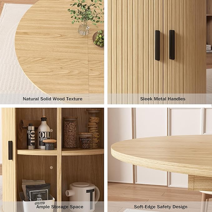 Vipbear Extendable Dining Table 43-59" for 4-6 People, Solid Wood Top with Fluted Slide Door & 8-Compartment Storage, Space Saving Round Dining Room Kitchen Dinner Tables Furniture with Pedestal Base