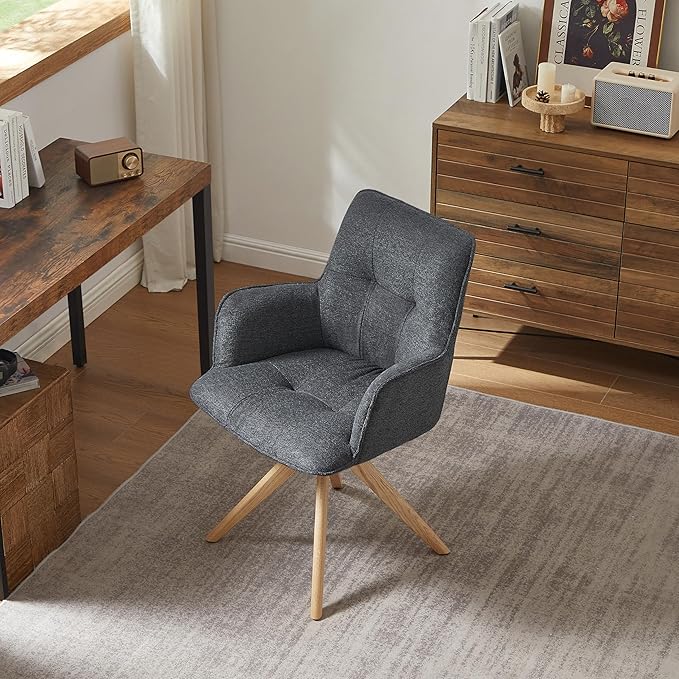 Art Leon Swivel Office Chair - Mid Century Modern Desk Chair No Wheels, Fabric Upholstered Accent Chair with Oak Wood Legs for Small Space Living Room Bedroom, Set of 2, Dark Gray