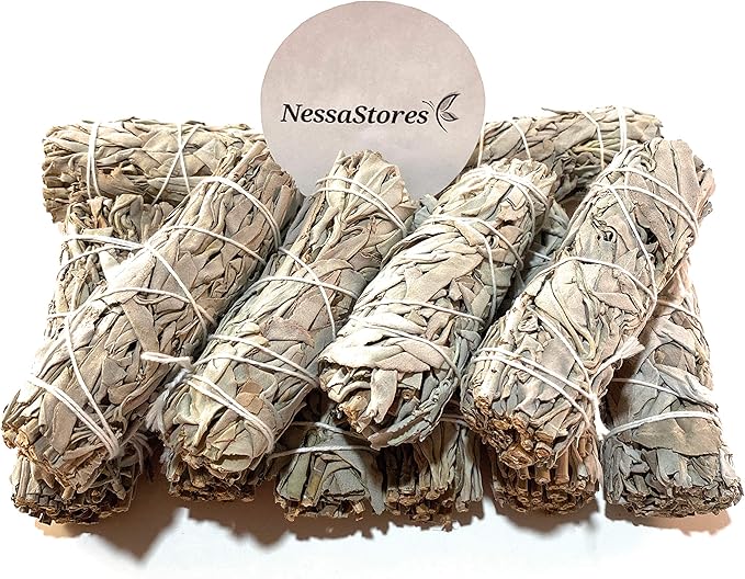 NessaStores 8 California White Sage Smudge Sticks, 4 Inch Hand Tied, All Natural for Home Cleansing, Stress Relief, & Clearing Negative Energy JC-006