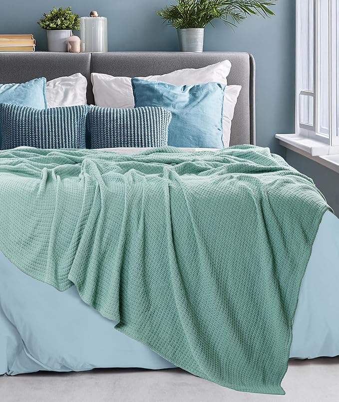 HILLFAIR 100% Combed Cotton Blanket– Queen Bed Blanket– Soft Cozy Warm Multipurpose Throws for Luxury Home Decor– 90 x 90 inch Queen Size Cotton Blankets for Beds- Bed Blankets for All Season- Sage