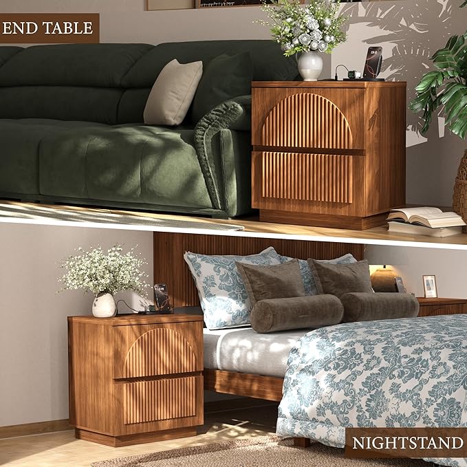 Yechen Nightstand with Drawers Set of 2, Modern Arched Reeded Wood Nightstand with Charging Station, Wooden Night Stand with Storage,Bedside End Tables for Bedroom, Walnut