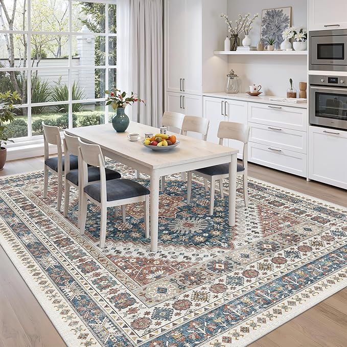 zesthome 8x10 Area Rugs for Living Room,Non-Slip Backing Washable Rugs,Vintage Large Area Rug，Stain Resistant Home Decor Rug (Navy Blue/Red,8'x10')