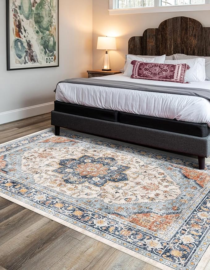 vivorug Runner Rug 2'x7' Washable Non-Slip Boho Runners for Hallways Kitchen Entryway Laundry Room Carpet Hallway Runner Orange/Navy