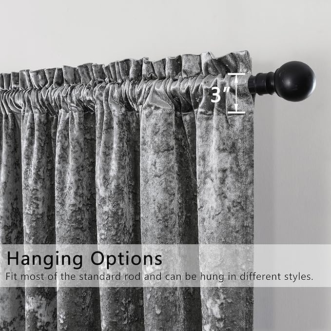 SMILETIME Grey Crushed Velvet Curtains 52x84inch Rod Pocket Luxurious Thermal Insulated Soundproof Drapes Soft and Durable Light-Filtering Window Treatments for Living Room Bedroom, 2 Panels