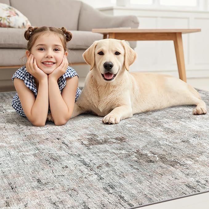 3x5 Rug, Abstract Small Area Rug for Kitchen, Entryway, Machine Washable Non-Slip Throw Rug, Vintage Carpet for Nursery Coffee Table Pink Grey